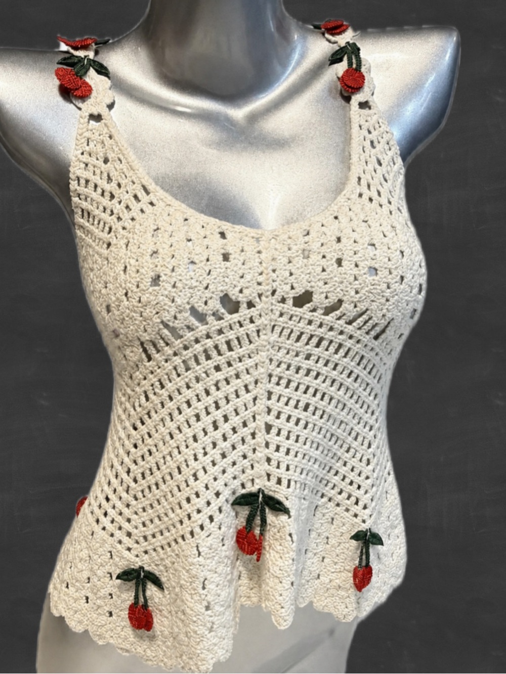 Crochet cherry tank top 100% cotton open weave sweater ruffle babydoll fruit red